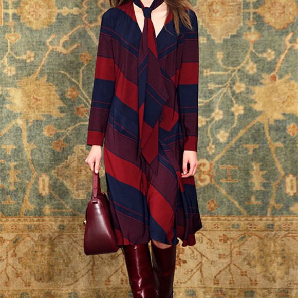 NWT Tory Burch Lyon Navy and Burgundy Strip V-Neck Dress (no neck tie) Sz 4 - Picture 4 of 17